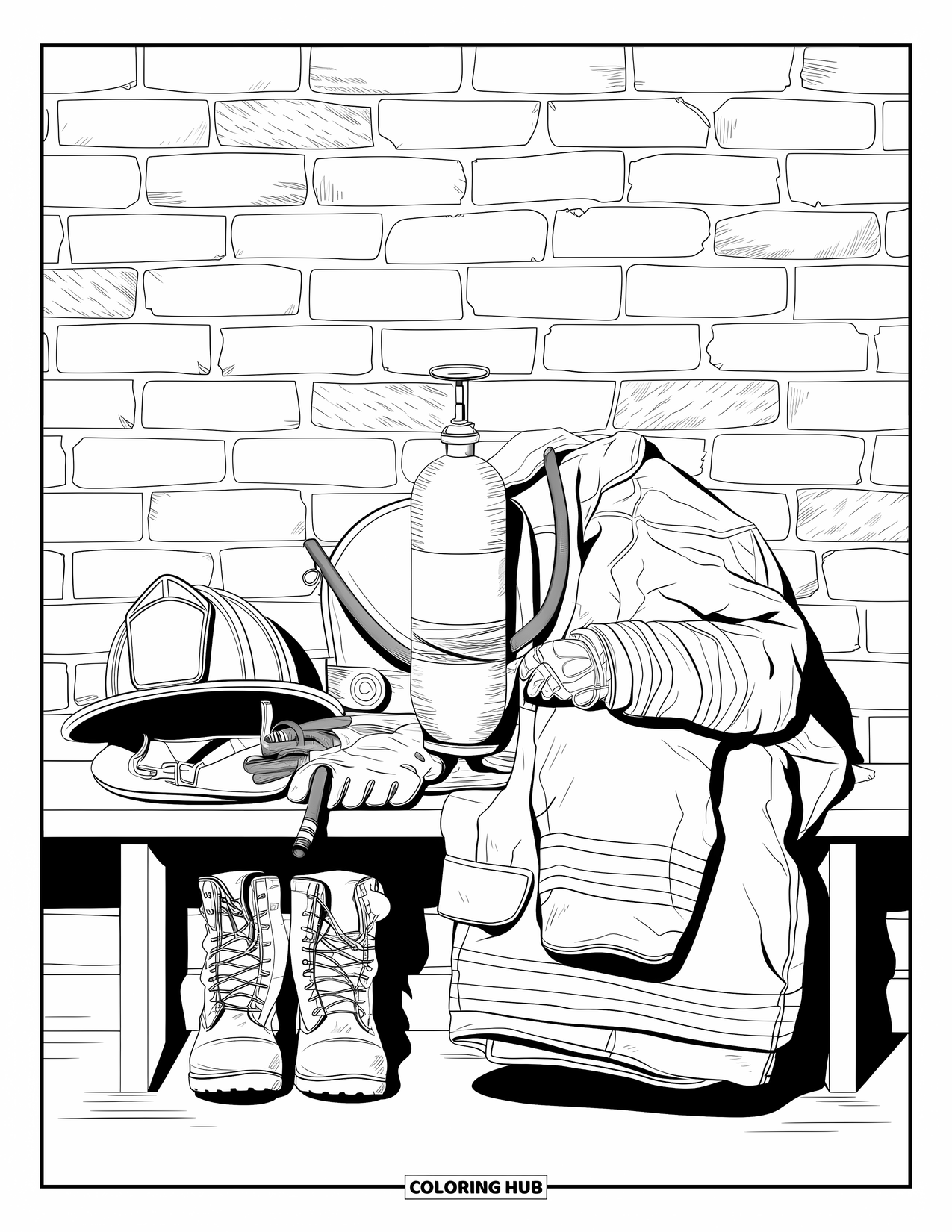 Fire Safety Coloring Page for Adults: Helmet, oxygen tank, boots, and coat arranged on a bench by a wall