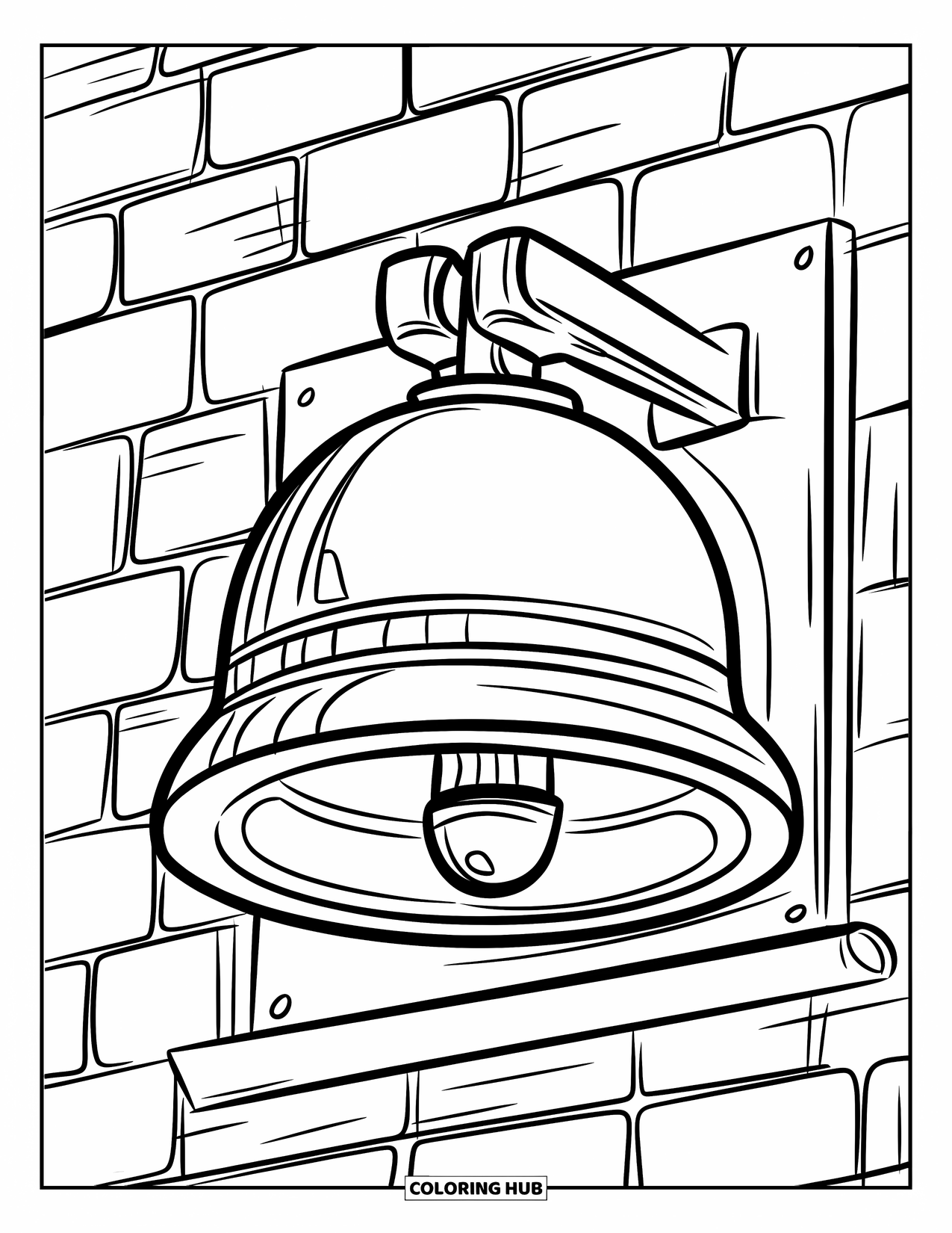 Fire Safety Coloring Page for Kids: A big round fire alarm bell mounted on a textured brick wall