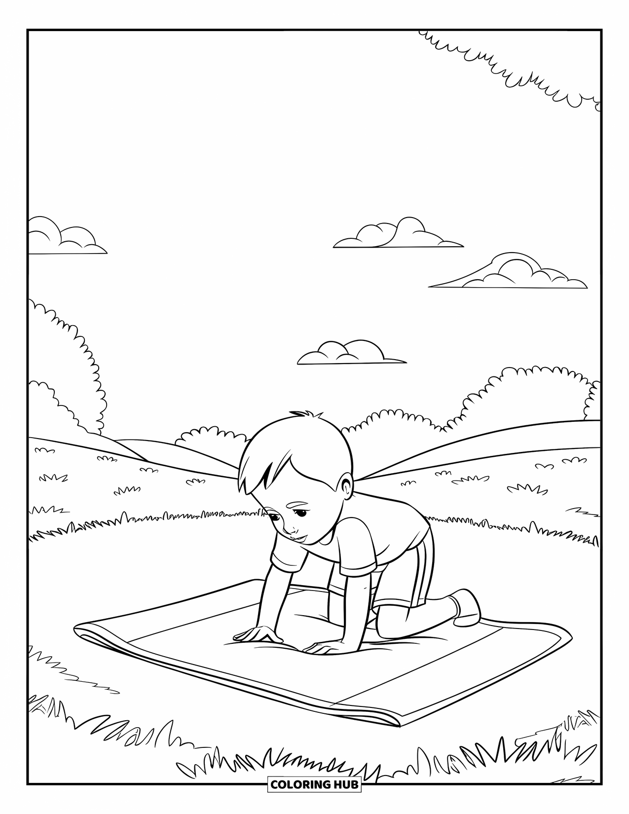 Fire Safety Coloring Page for Kids: A child practices stop, drop, and roll on a mat in a grassy field
