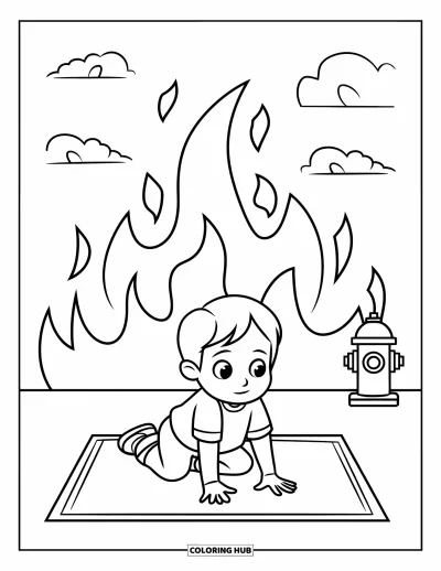 Coloriage de sécurité incendie pour enfants : Un enfant roule sur un tapis en pratiquant la sécurité incendie près de fumée et de flammes