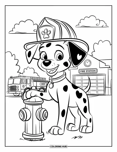 Coloriage de sécurité incendie pour enfants : Un chiot dalmatien coiffé d'un casque de pompier se tient sur une borne près d'une caserne