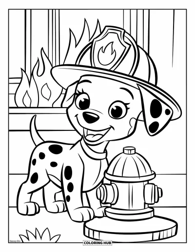 Coloriage de sécurité incendie pour enfants : Un chiot dalmatien coiffé d'un casque de pompier se tient sur une borne près des flammes