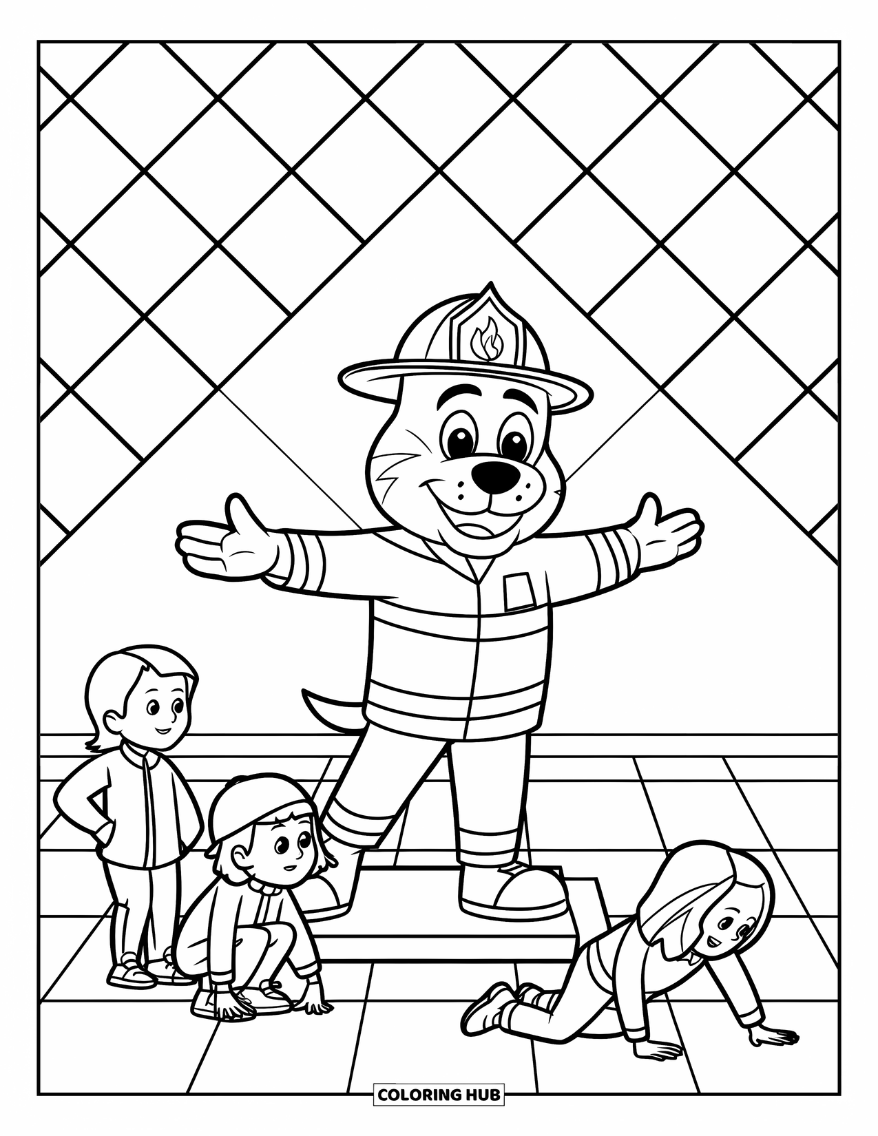 Fire Safety Coloring Page for Kids: A dog mascot with kids practices the stop, drop, and roll drill