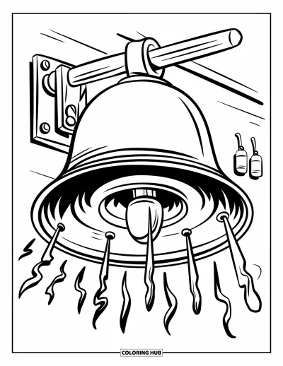 Coloriage de sécurité incendie pour enfants : Une cloche d'alarme incendie avec des ondes sonores fixée à un mur