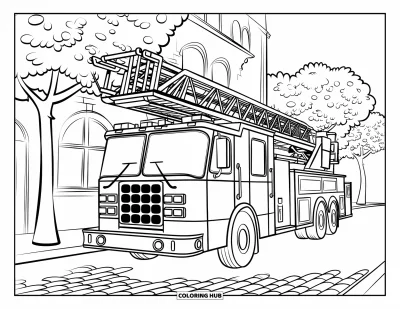 Coloriage de sécurité incendie pour enfants : Un camion de pompiers avec une échelle levée est garé sur une rue pavée bordée d'arbres