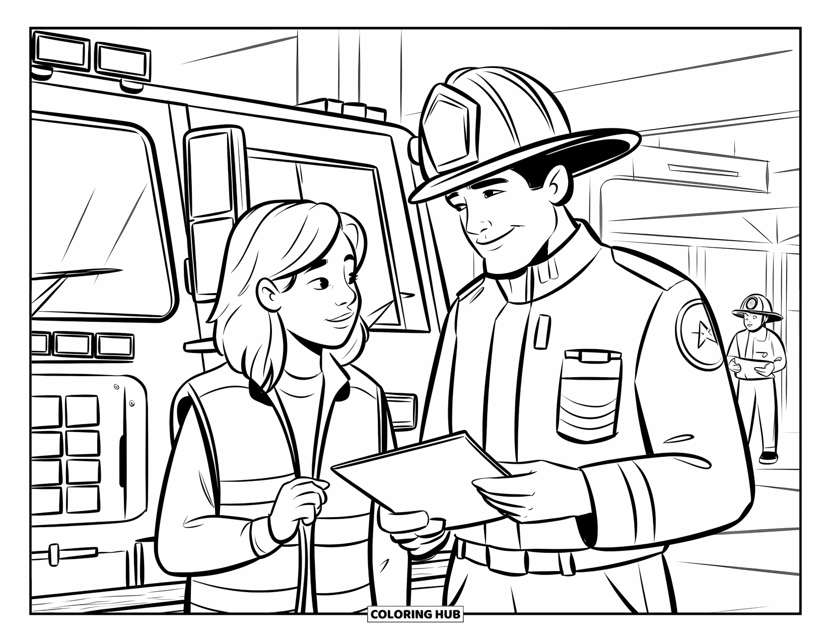 Fire Safety Coloring Page for Kids: A firefighter and a teen review safety equipment in front of a fire truck