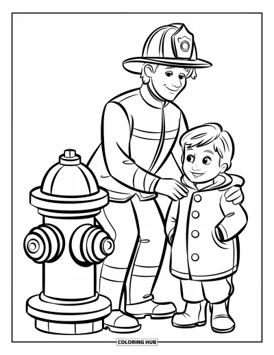 Coloriage de sécurité incendie pour enfants : Un pompier et un enfant se tiennent près d'une borne rouge dans une rue tranquille