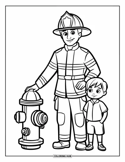 Coloriage de sécurité incendie pour enfants : Un pompier et un enfant se tiennent ensemble près d'une borne d'incendie