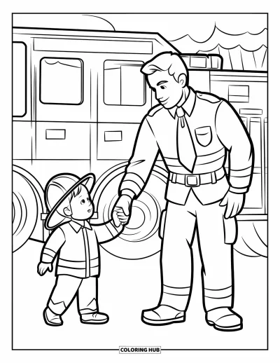 Coloriage de sécurité incendie pour enfants : Un pompier et un enfant se tiennent près d'un camion lors d'un exercice de sécurité