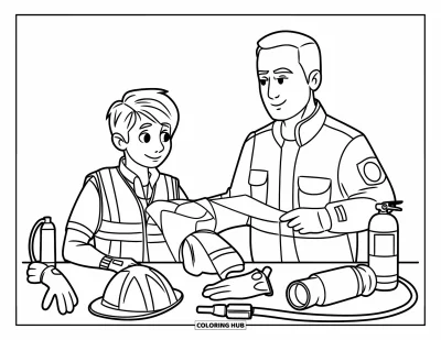 Coloriage de sécurité incendie pour enfants : Un pompier et un adolescent examinent des casques, des gants et des vestes avec du matériel à proximité