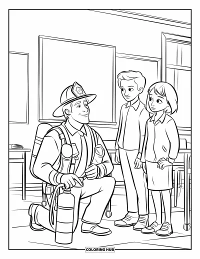 Coloriage de sécurité incendie pour enfants : Un pompier fait un exposé à des élèves en intérieur avec un tableau noir et des bureaux en arrière-plan