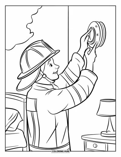 Coloriage de sécurité incendie pour enfants : Un pompier vérifie un détecteur de fumée dans une chambre à coucher près d'un lit et d'une lampe