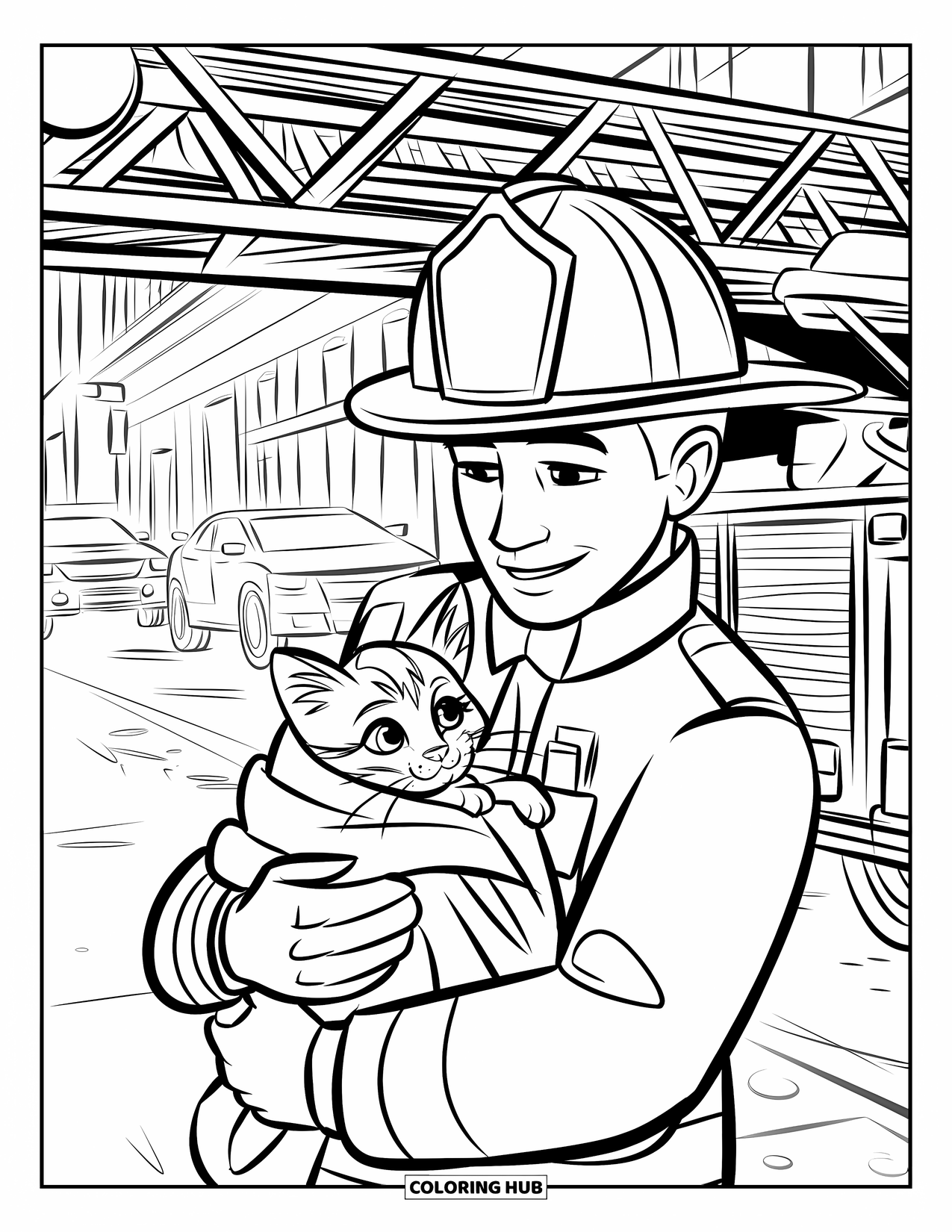 Fire Safety Coloring Page for Kids: A firefighter cradles a rescued kitten on a city sidewalk by a ladder truck