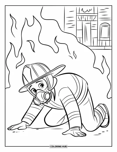 Coloriage de sécurité incendie pour enfants : Un pompier montre comment ramper bas sous la fumée près d'un bâtiment en feu
