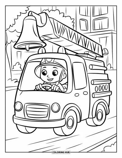 Coloriage de sécurité incendie pour enfants : Un pompier conduit un petit camion avec une cloche devant des bâtiments et des arbres