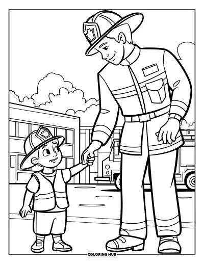 Coloriage de sécurité incendie pour enfants : Un pompier guide un enfant casqué près d'une école et d'un camion de pompiers