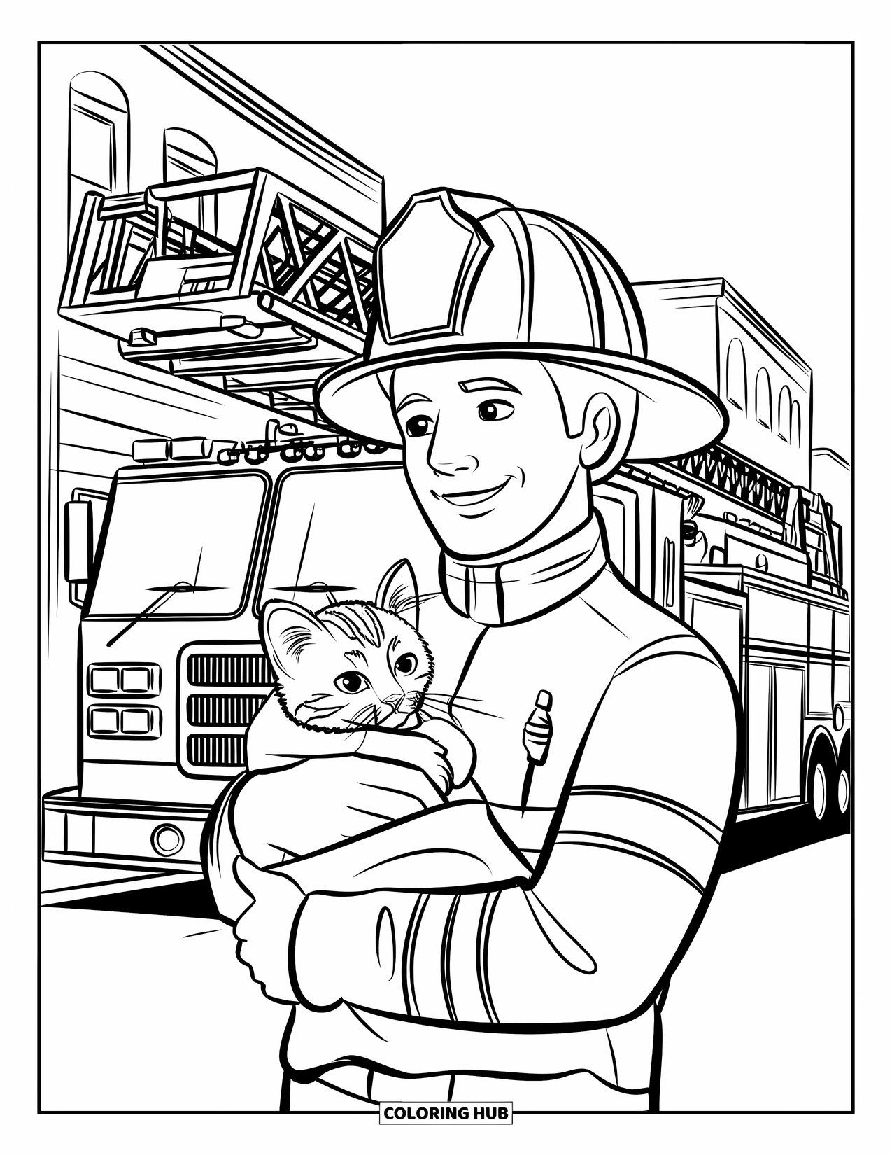 Fire Safety Coloring Page for Kids: A firefighter holds a rescued kitten near a ladder truck on a city street