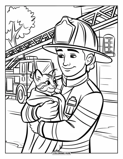 Coloriage de sécurité incendie pour enfants : Un pompier serre un chaton dans ses bras près d'un camion à grande échelle devant un immeuble et un arbre