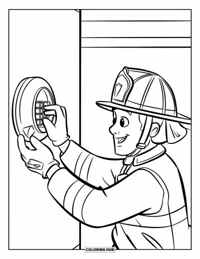 Coloriage de sécurité incendie pour enfants : Un pompier en gants installe des piles dans un détecteur de fumée mural