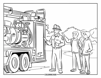 Coloriage de sécurité incendie pour enfants : Un pompier en uniforme explique une pompe à eau à trois adolescents en plein air