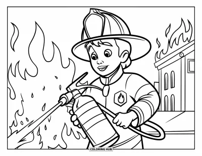 Coloriage de sécurité incendie pour enfants : Un pompier en uniforme montre comment éteindre un feu avec des flammes derrière lui