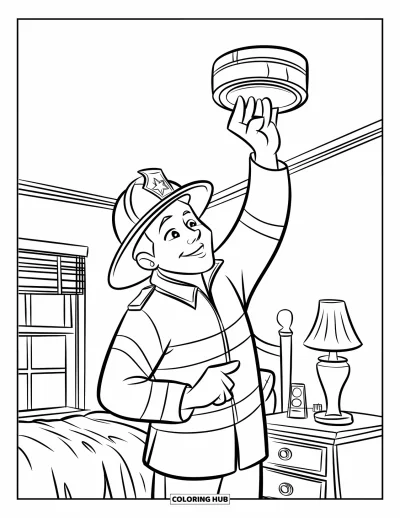 Coloriage de sécurité incendie pour enfants : Un pompier inspecte un détecteur de fumée au plafond dans une chambre avec une fenêtre