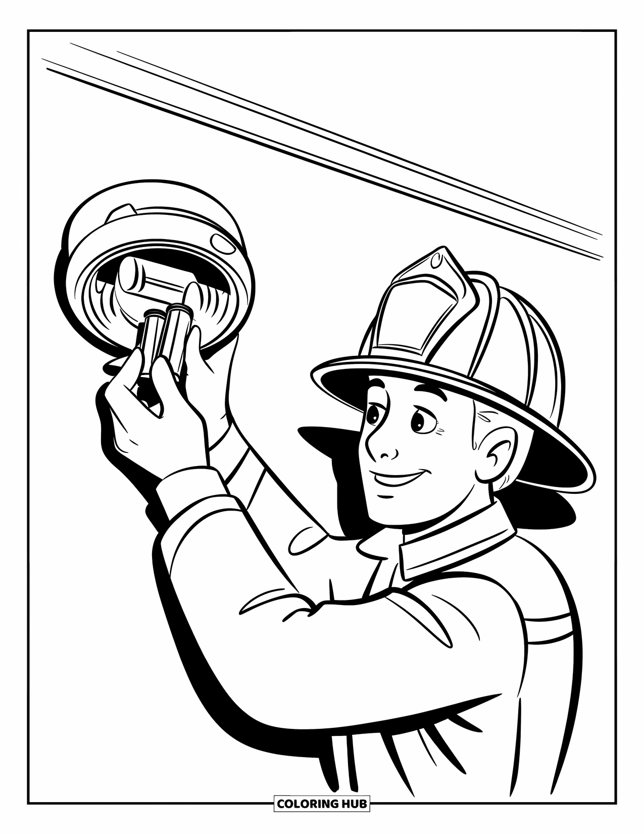 Fire Safety Coloring Page for Kids: A firefighter installs batteries in a smoke alarm on a wall
