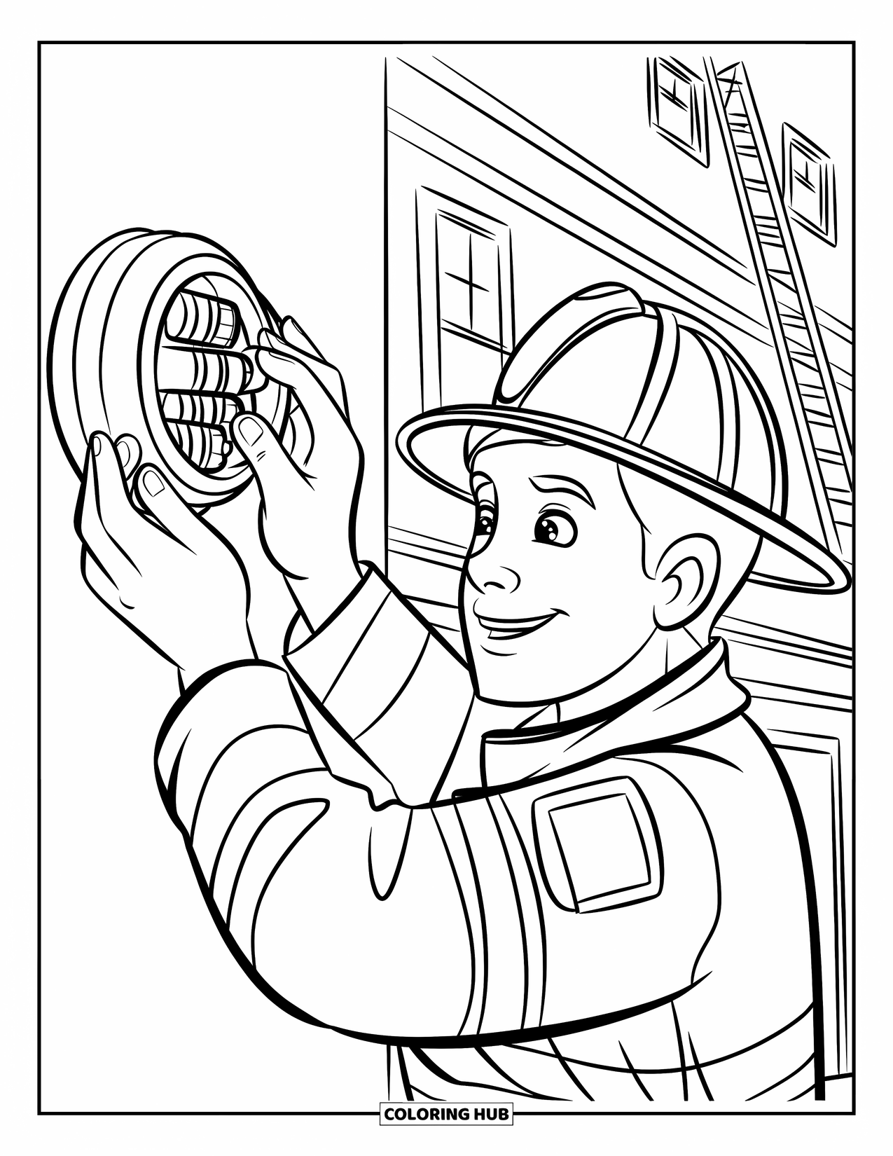 Fire Safety Coloring Page for Kids: A firefighter installs batteries into a smoke alarm on a wall