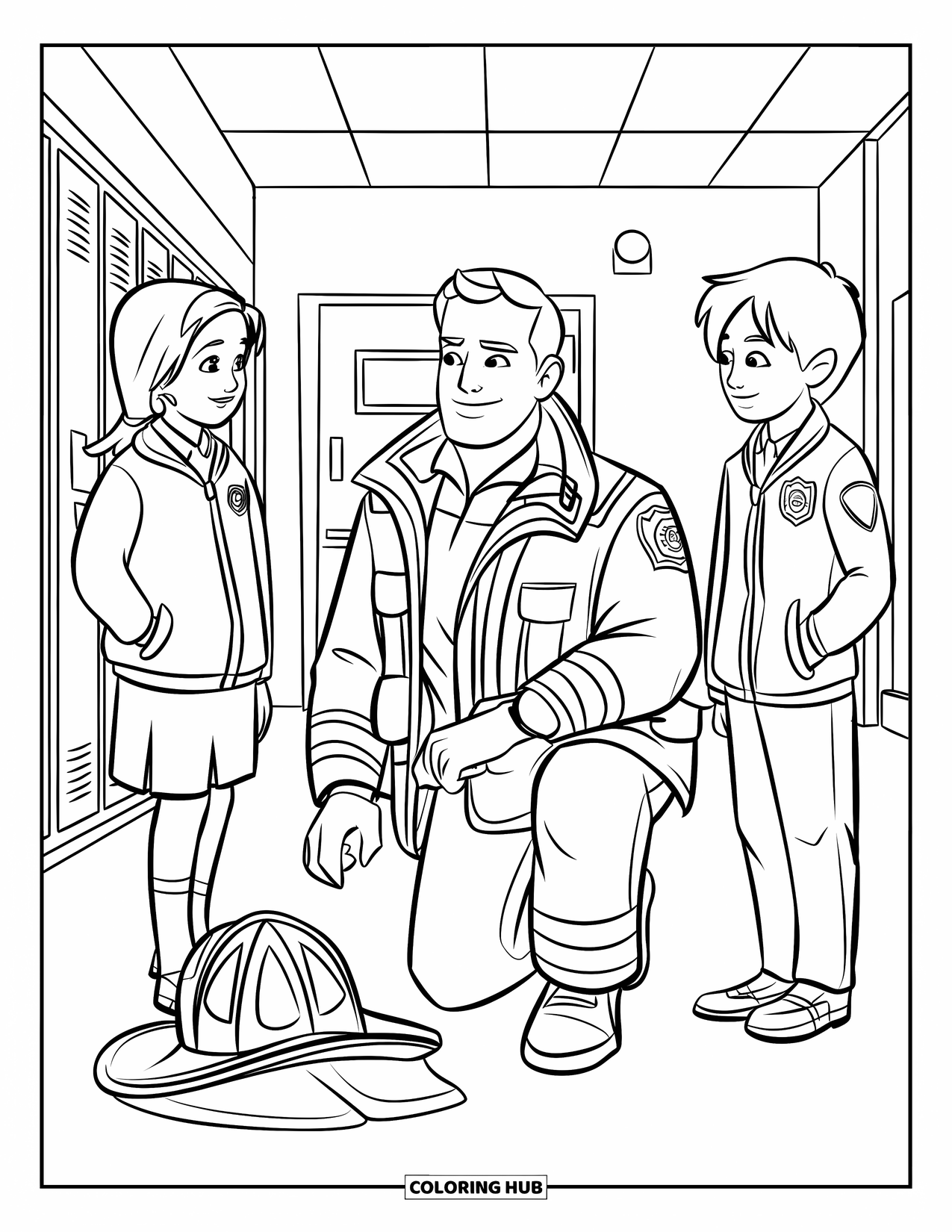 Fire Safety Coloring Page for Kids: A firefighter kneels with gear briefing students in a school hallway