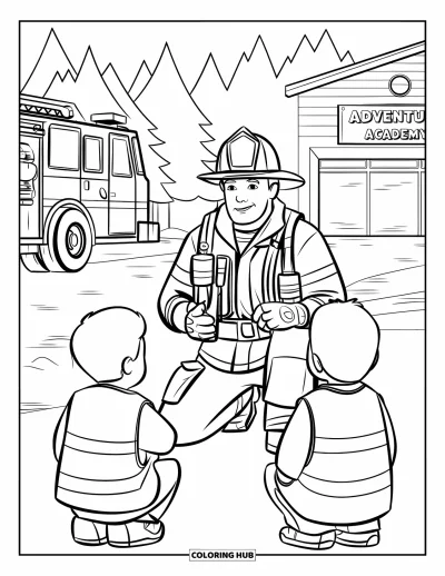 Coloriage de sécurité incendie pour enfants : Un pompier s'agenouille avec son équipement pour expliquer la sécurité à des élèves près d'une académie des pompiers