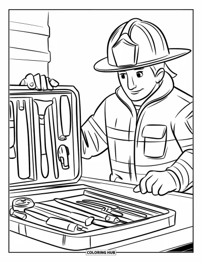 Coloriage de sécurité incendie pour enfants : Un pompier ouvre une trousse de sécurité exposant des outils dans un cadre simple