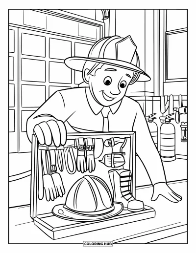 Coloriage de sécurité incendie pour enfants : Un pompier ouvre une trousse de sécurité révélant du matériel à l'intérieur d'une caserne