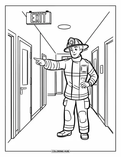 Coloriage de sécurité incendie pour enfants : Un pompier indique une sortie de secours dans un couloir scolaire