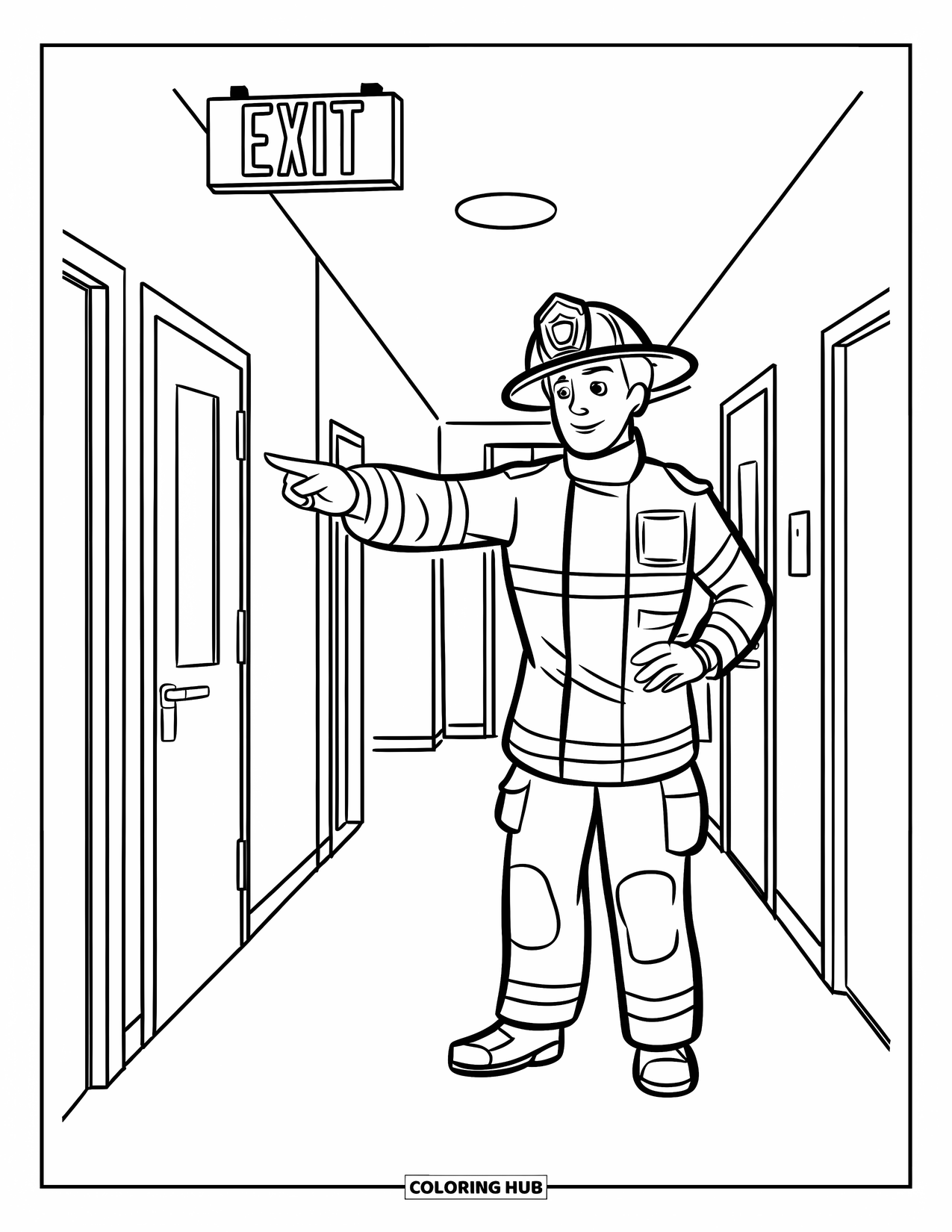 Fire Safety Coloring Page for Kids: A firefighter points to an exit sign in a school hallway