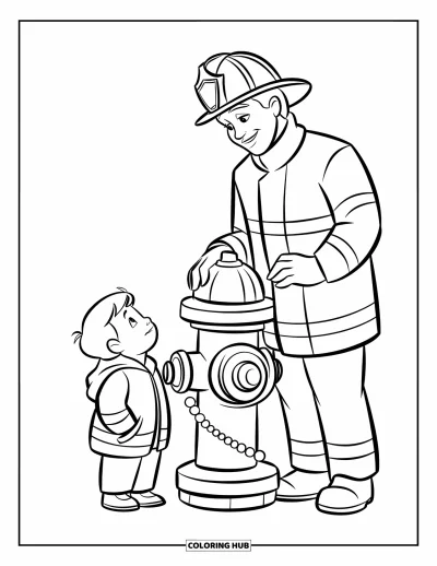 Coloriage de sécurité incendie pour enfants : Un pompier pose la main sur une borne tandis qu'un enfant lève les yeux vers lui