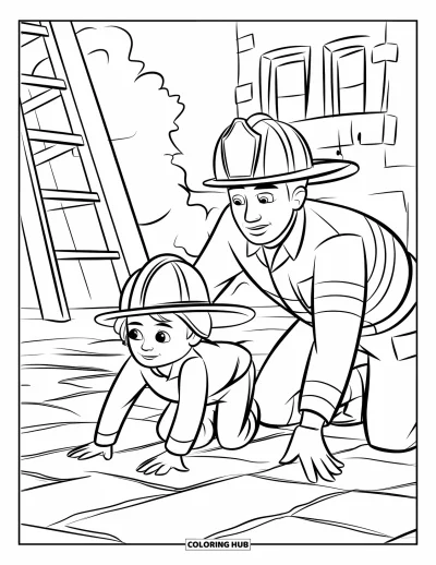 Coloriage de sécurité incendie pour enfants : Un pompier montre à un enfant casqué comment ramper sous la fumée près d'une échelle