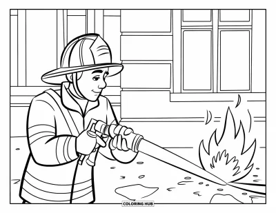 Coloriage de sécurité incendie pour enfants : Un pompier utilise un tuyau pour éteindre une petite flamme près d'un bâtiment