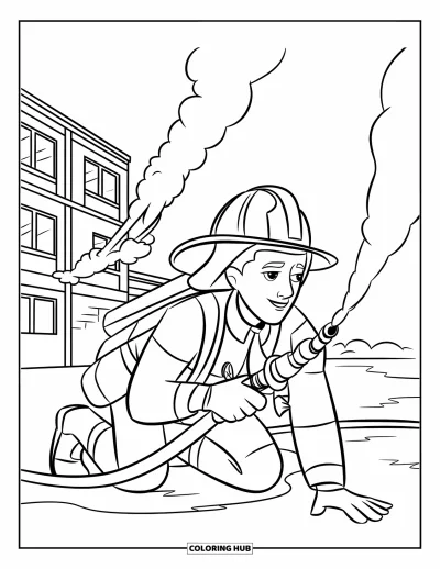 Coloriage de sécurité incendie pour enfants : Un pompier avec un tuyau montre comment ramper sous la fumée près d'un bâtiment enfumé