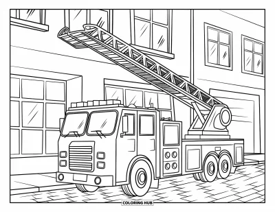 Coloriage de sécurité incendie pour enfants : Un sympathique camion de pompiers déploie son échelle près d'un immeuble aux fenêtres à rideaux