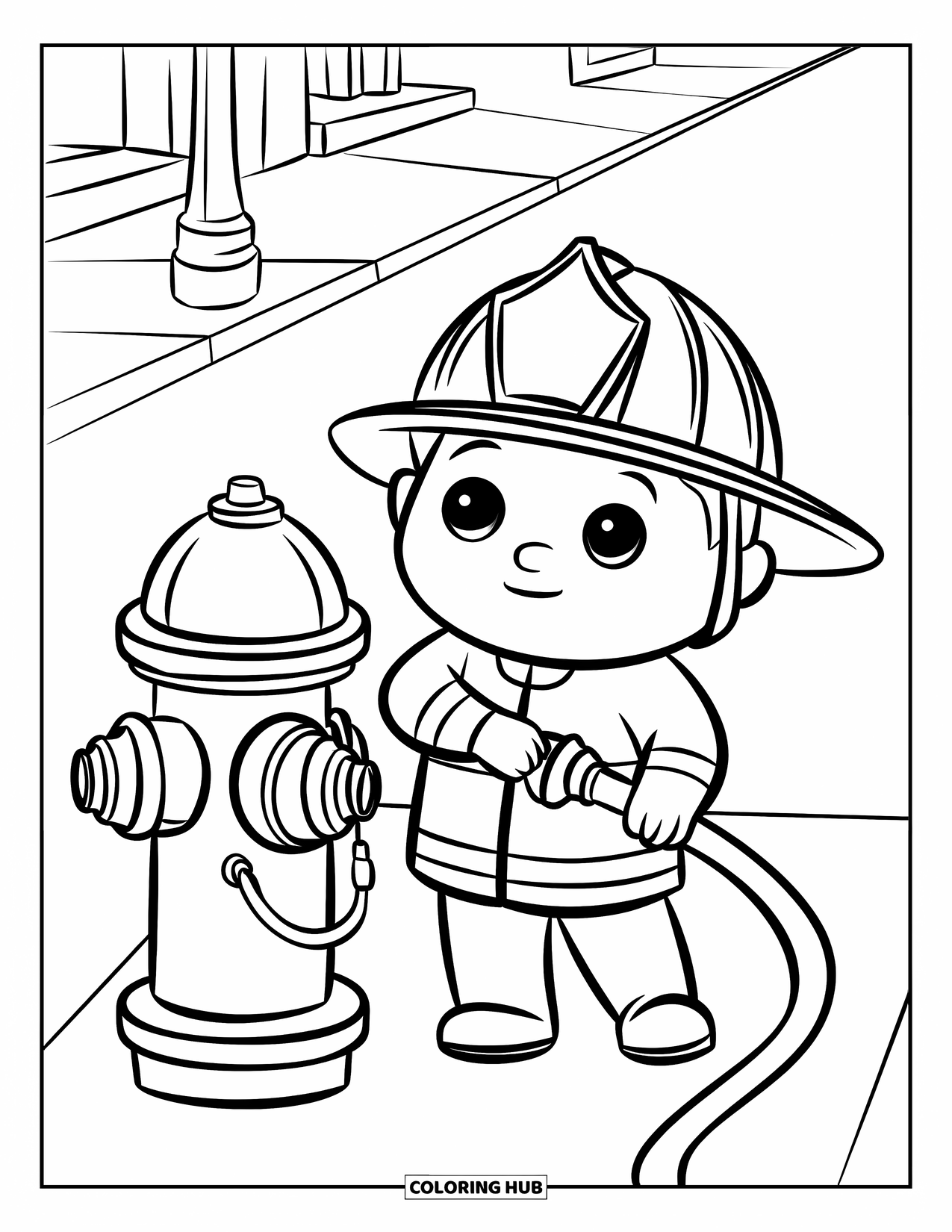 Fire Safety Coloring Page for Kids: A friendly firefighter holds a hose beside a hydrant on a city street