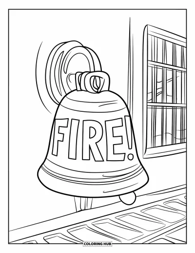 Coloriage de sécurité incendie pour enfants : Une grande cloche d'alarme incendie sonne sur un mur avec des fenêtres à barreaux