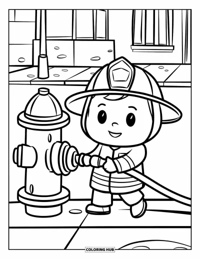 Coloriage de sécurité incendie pour enfants : Un pompier au visage rond tient un tuyau près d'une borne et d'un immeuble en ville