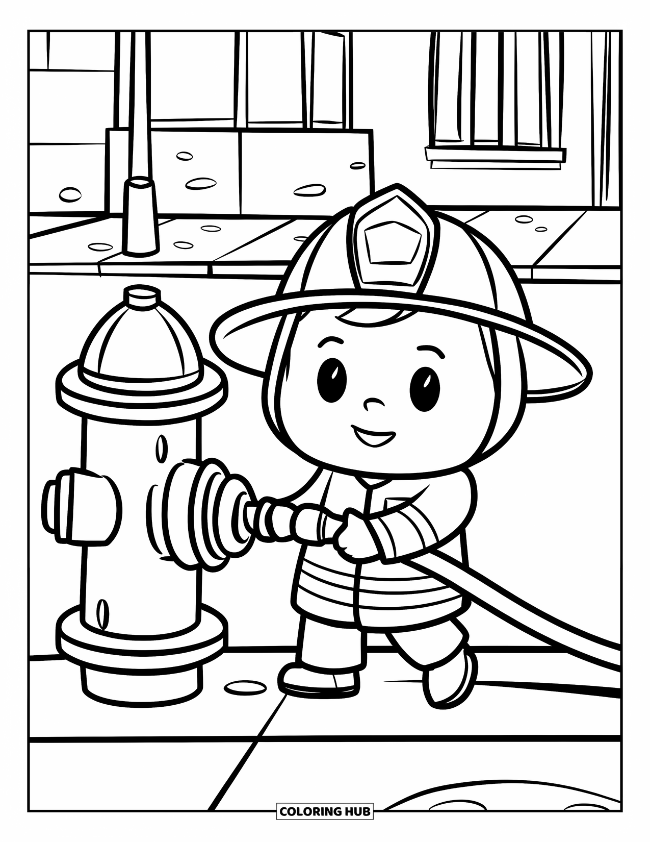 Fire Safety Coloring Page for Kids: A round-faced firefighter holds a hose near a hydrant and city building