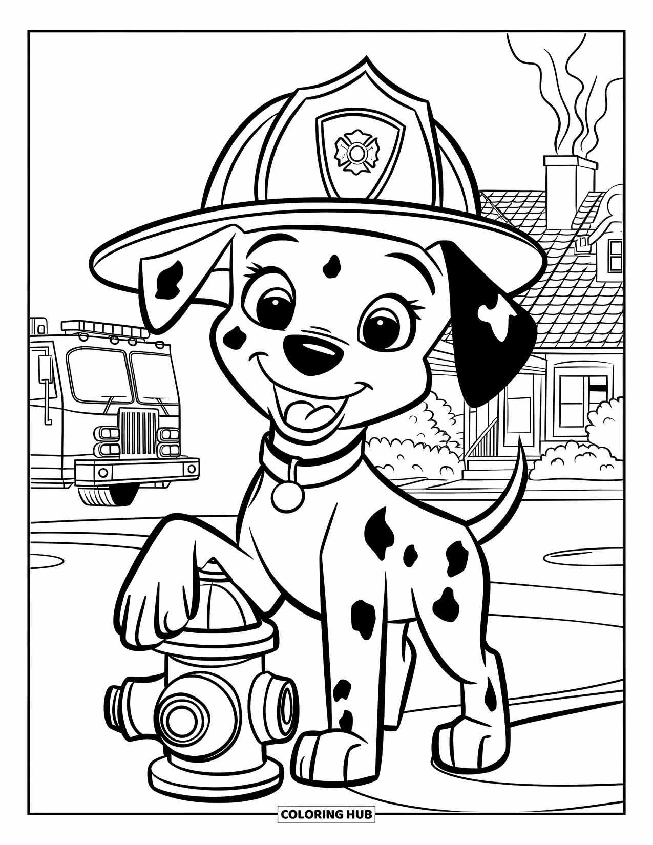 Fire Safety Coloring Page for Kids: A smiling Dalmatian puppy in a firefighter hat stands on a hydrant