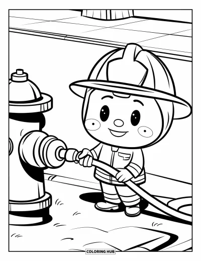 Coloriage de sécurité incendie pour enfants : Un pompier souriant se tient près d'une borne d'incendie en tenant un tuyau