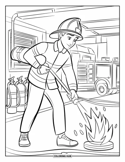 Coloriage de sécurité incendie pour enfants : Un adolescent s'entraîne à utiliser un extincteur près d'une caserne de pompiers et d'un camion
