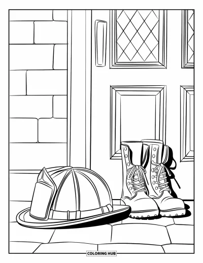 Coloriage de sécurité incendie pour enfants : Un casque et des bottes sont posés près d'une porte avec une fenêtre à motifs