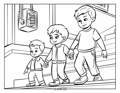 Coloriage de sécurité incendie pour enfants : Trois enfants se tiennent par la main en pratiquant un exercice d'évacuation scolaire dans les escaliers