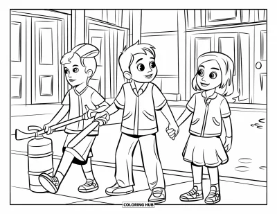 Coloriage de sécurité incendie pour enfants : Trois enfants traversent une école pendant un exercice d'évacuation incendie