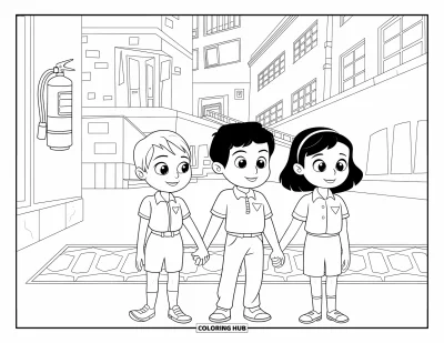 Coloriage de sécurité incendie pour enfants : Trois enfants en uniforme font la queue pour un exercice d'évacuation près d'un extincteur mural